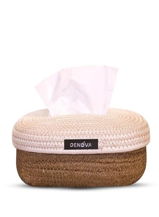 DENOVA Cotton Tissue Box Holder - Handcrafted Tissue Container for 100 Pulls Paper Towel Dispenser for Office Living Bedroom Car Desk Dining Table Home Decor (Oval, Cream & Natural) - Image 1